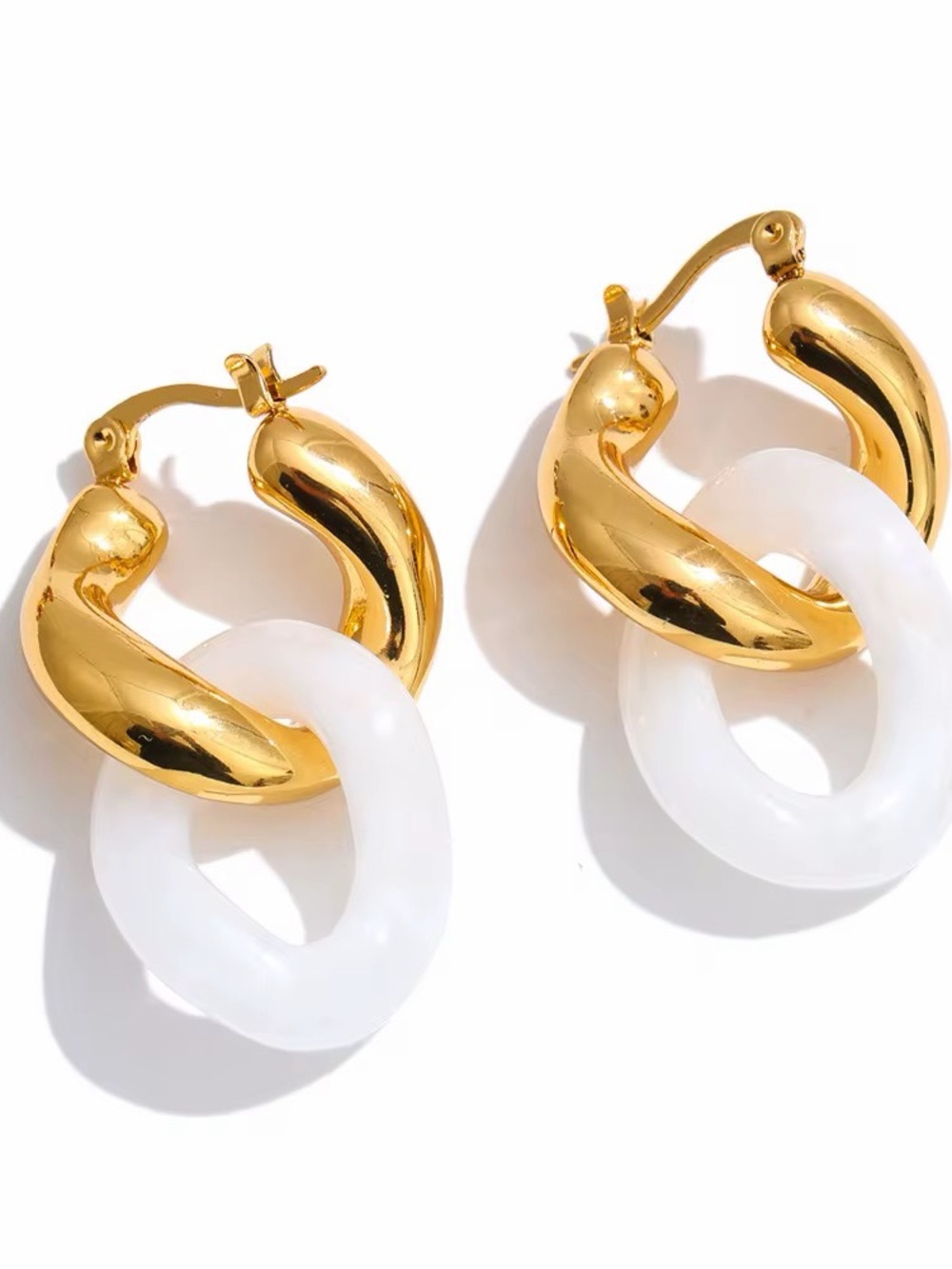 Gold Tone Hoop Earrings with White Resin Link Accents